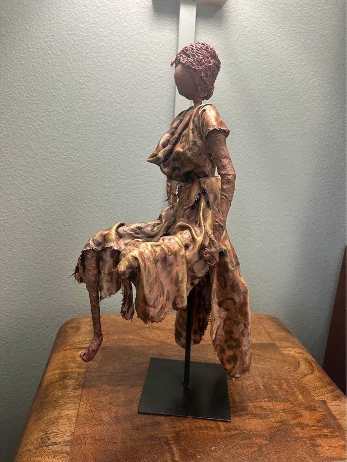 Seated Figure in Leopard Print - 15" Paverpol Textile Sculpture
