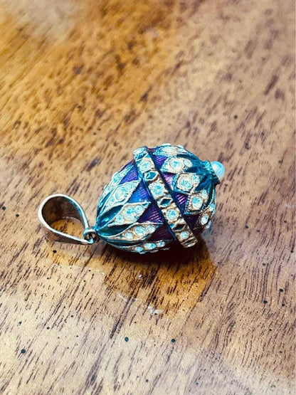 Vintage Fabergé Style Purple Enamel Egg Pendant with Rhinestone Accents