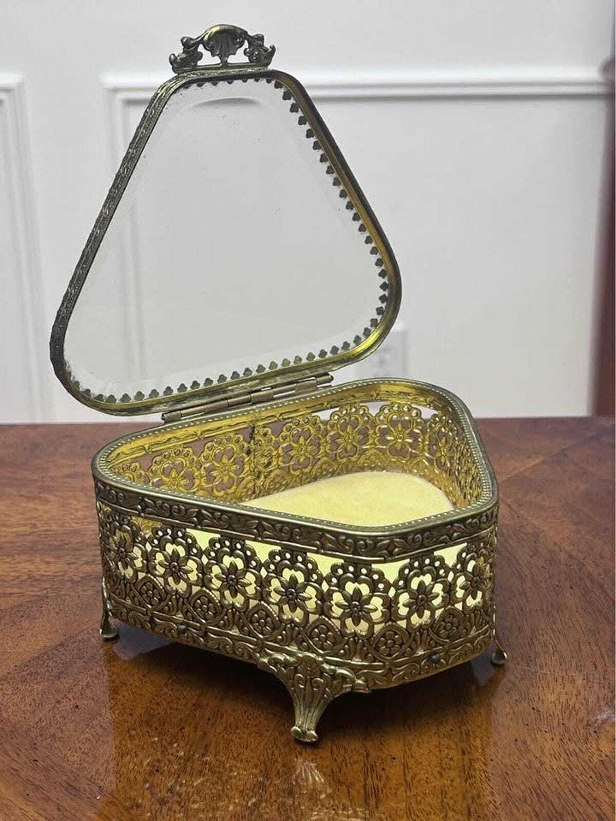 Vintage Hollywood Regency Ormolu Beveled Glass Trinket Box Floral Vanity Casket