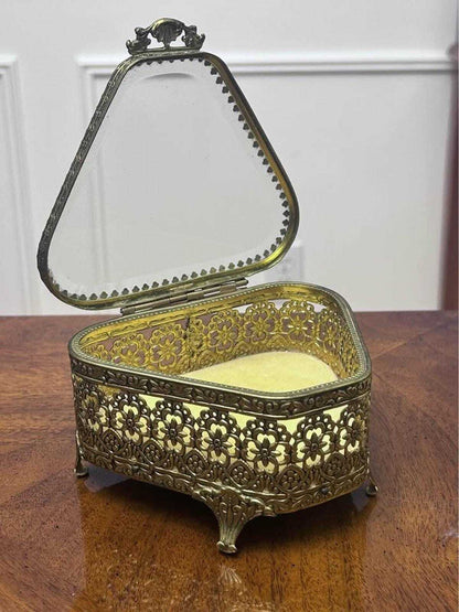 Vintage Hollywood Regency Ormolu Beveled Glass Trinket Box Floral Vanity Casket
