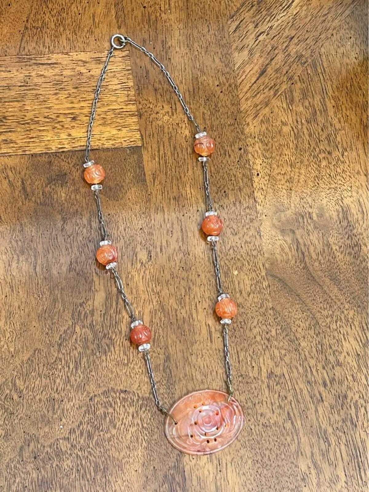 Antique Chinese Export Carved Carnelian Repurposed Button Pendant Sterling Silver Necklace