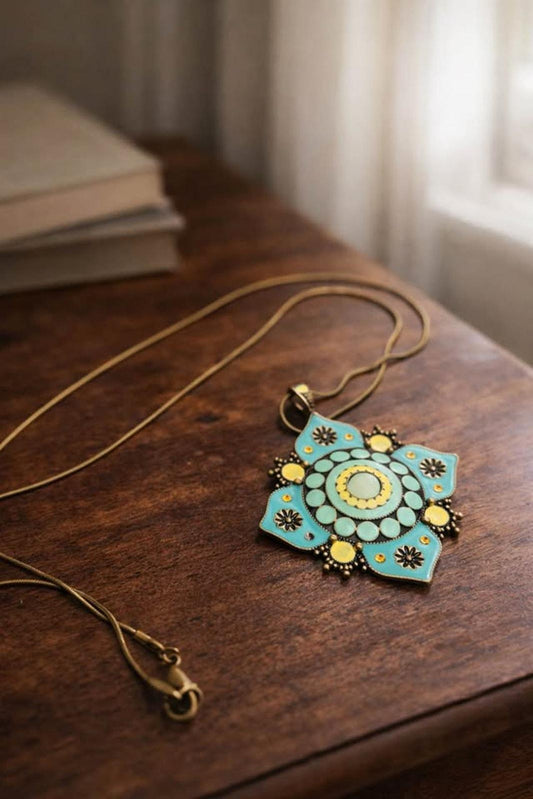 Vintage Brass Turquoise & Yellow Enamel Mandala Pendant Necklace