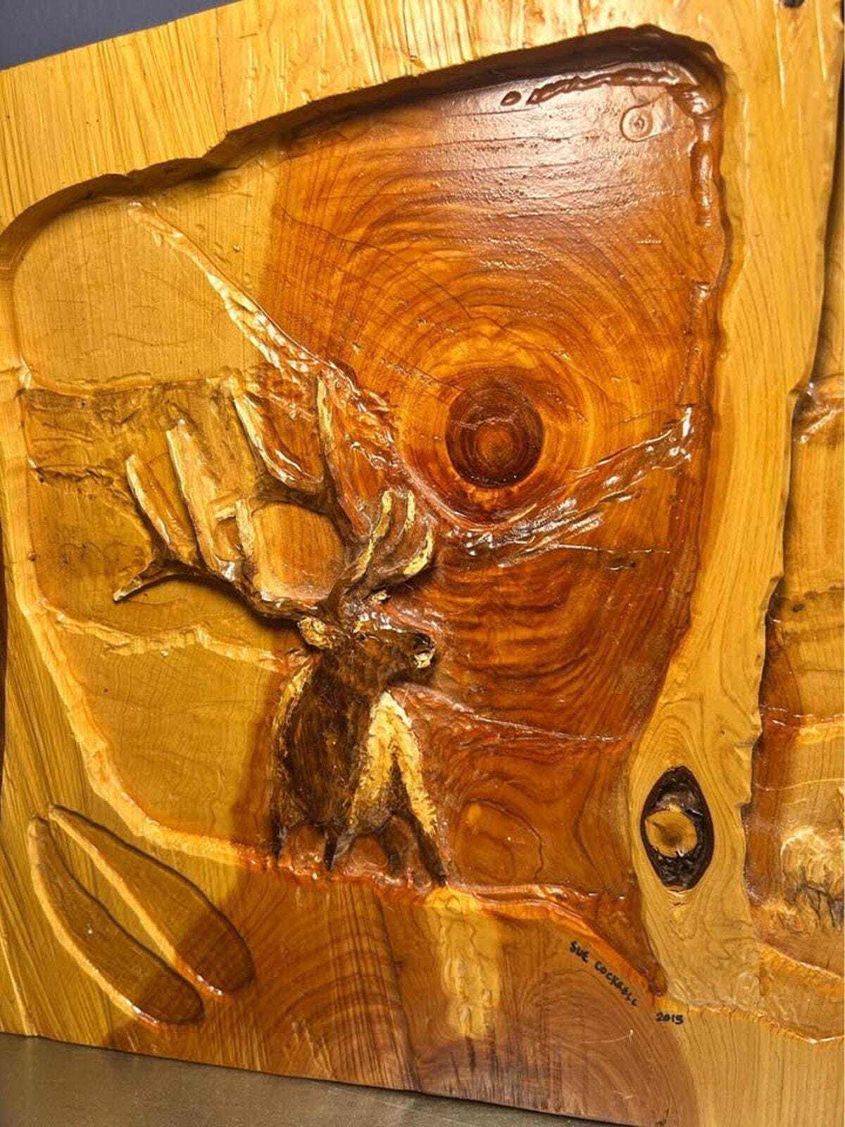 Sue Cockrell Signed Relief Carved Elk Wood Wall Art