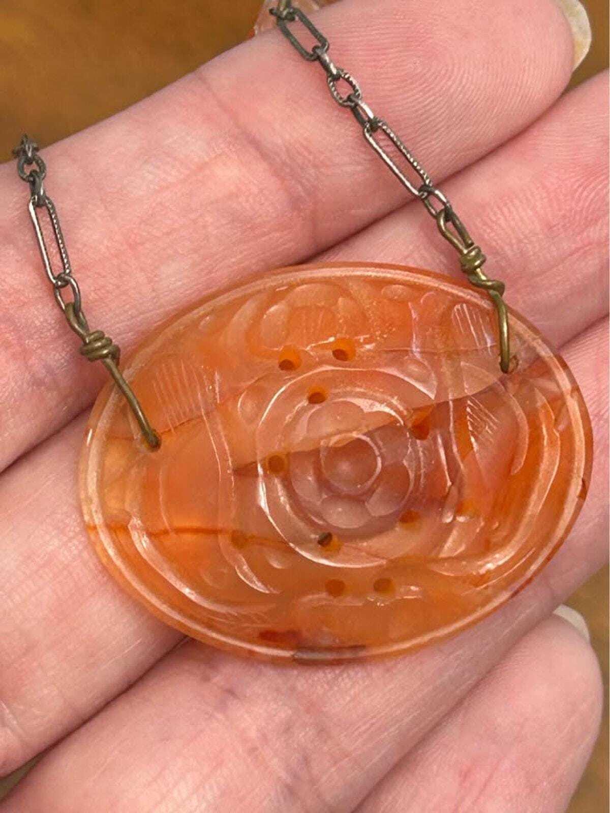 Antique Chinese Export Carved Carnelian Repurposed Button Pendant Sterling Silver Necklace