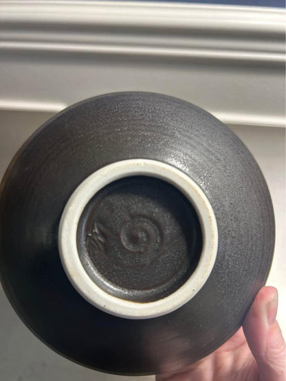 Mid Century Modern Stoneware Bowl – Matte Black Bamboo Handle, Wabi Sabi Decor