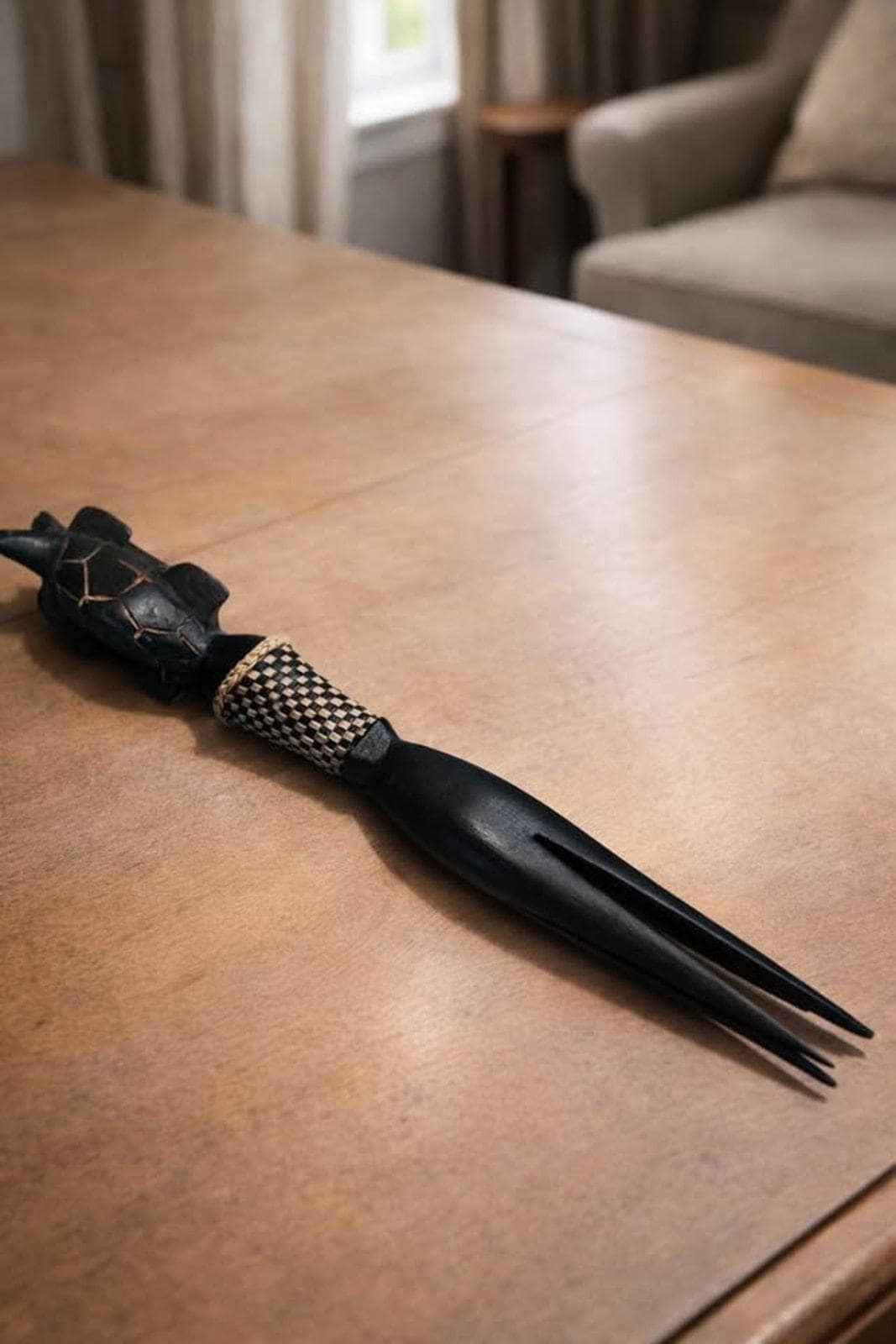 Vintage Kenyan Wood Turtle Salad Fork - Hand-Carved Ebony and Woven Raffia - 10 Inches