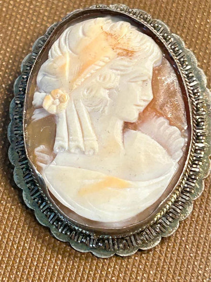 Vintage Italian 800 Silver Shell Cameo Brooch Pendant - Hand Carved Shell Jewelry