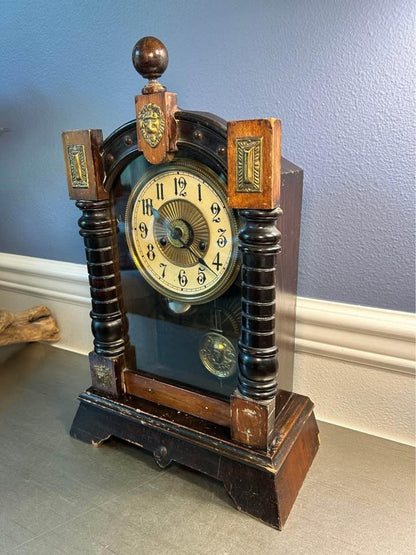 Antique Working Art Nouveau Mantel Clock | Lion Head Crest & Brass Nymph Pendulum