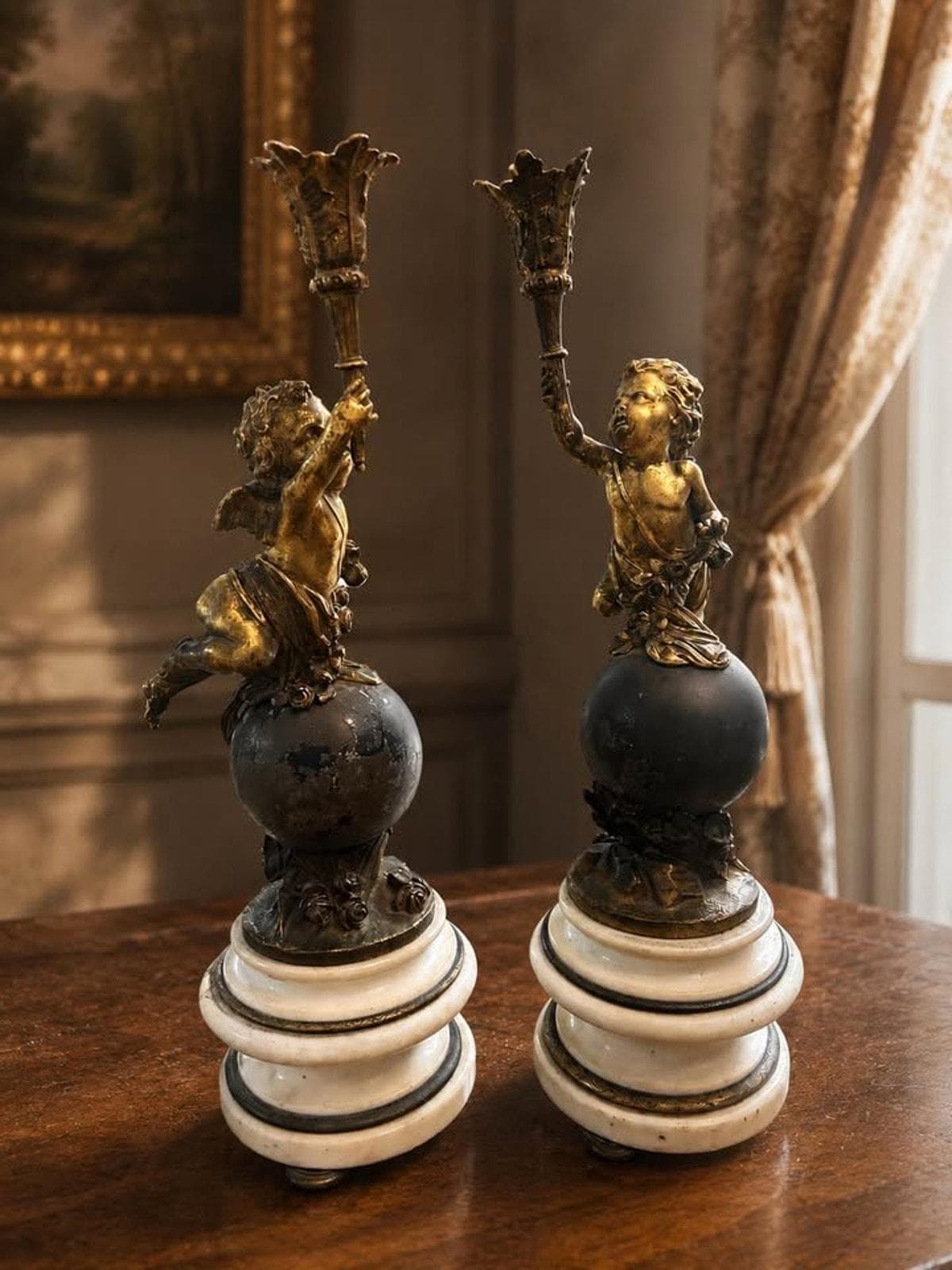 Antique French Style Gilt Spelter Putti Candlesticks on Marble Bases