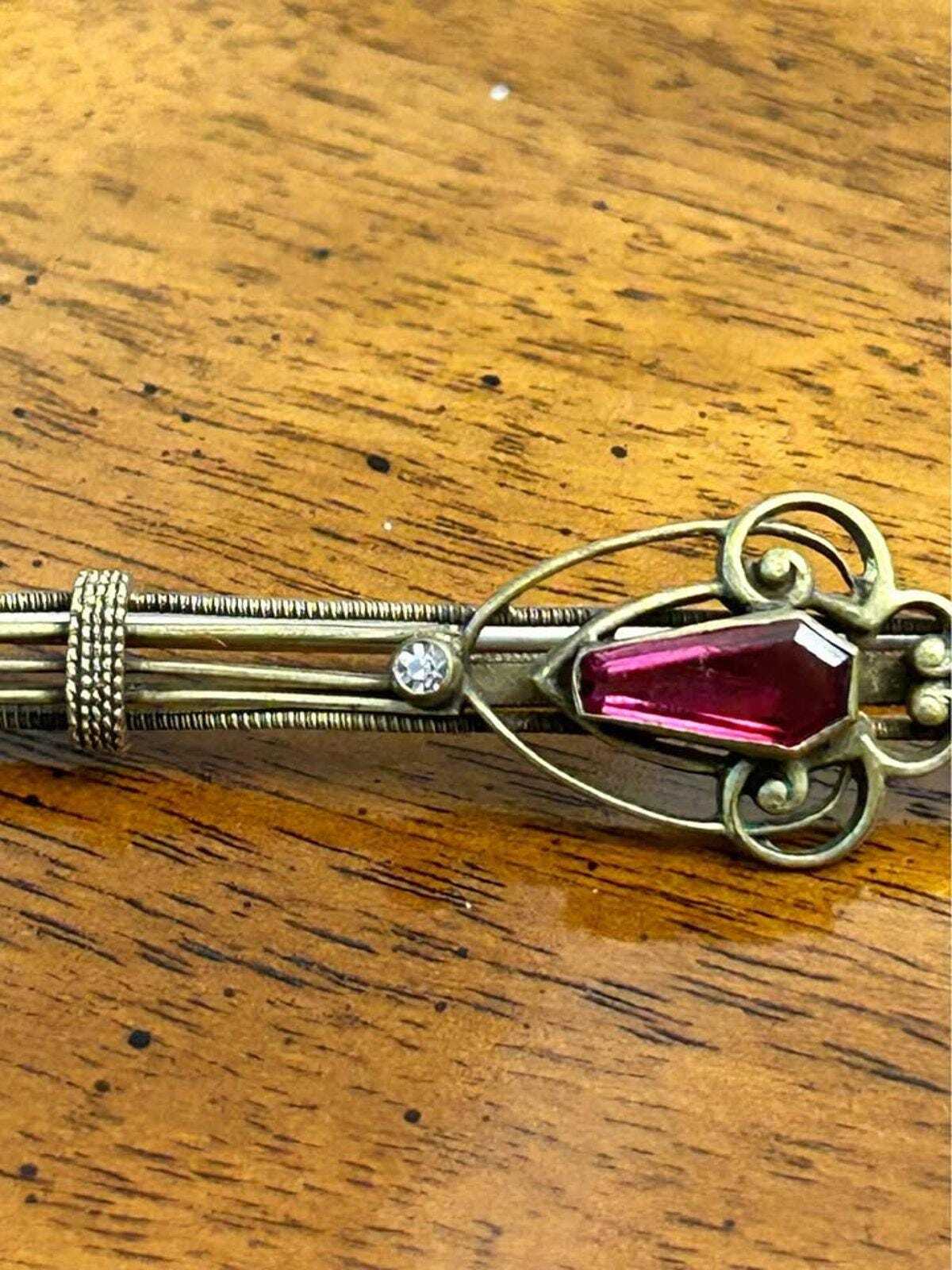 Antique Edwardian Gold Filled Wirework Bar Brooch with Red Coffin Cut Paste Stones