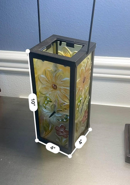 Hand-Painted Floral Textured Glass Lantern with Metal Frame
