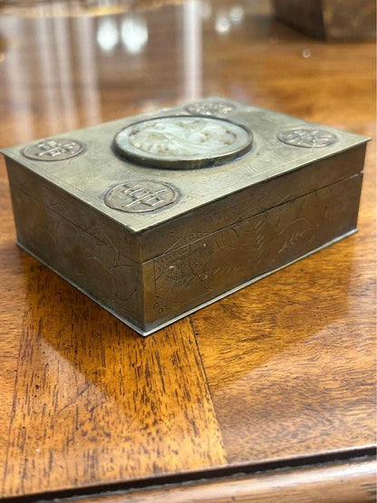 Vintage Chinese Export Brass Trinket Box with Faux Jade Peking Glass Medallion