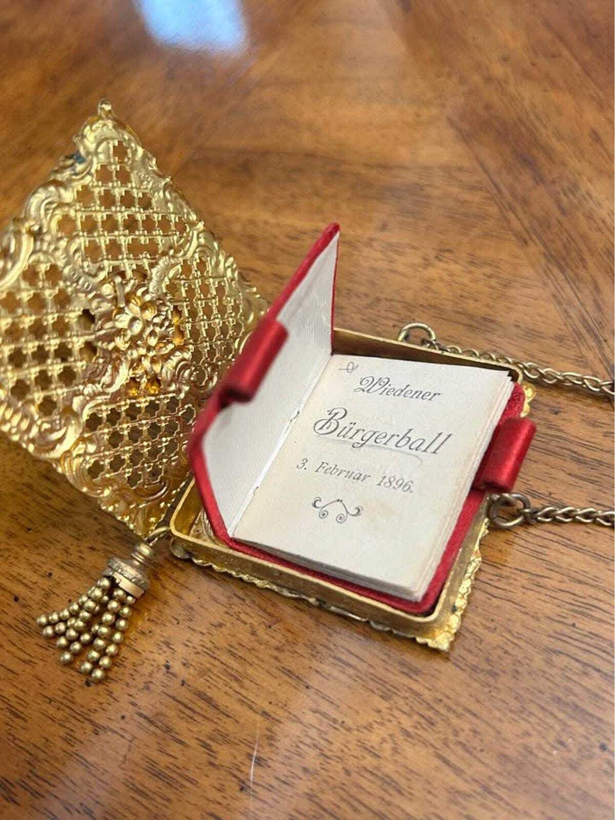Antique 1896 Viennese Gilt Metal Dance Card Carnet de Bal by F.W. Papke