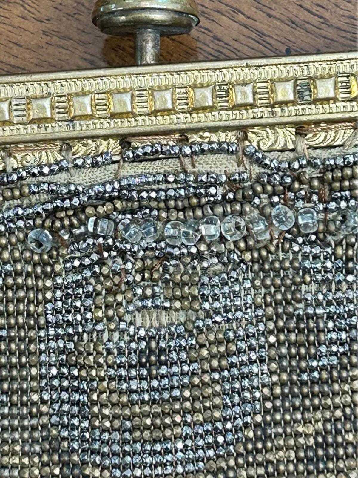 Antique 1920s Art Deco Micro-Beaded Evening Purse with Brass Swan Frame
