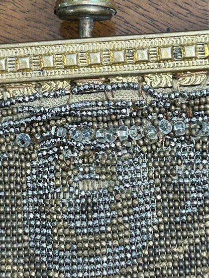 Antique 1920s Art Deco Micro-Beaded Evening Purse with Brass Swan Frame