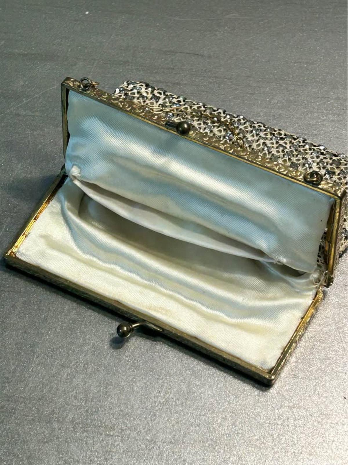Vintage Rhinestone Mesh Evening Bag Etched Gold Tone Frame Satin Lined Purse