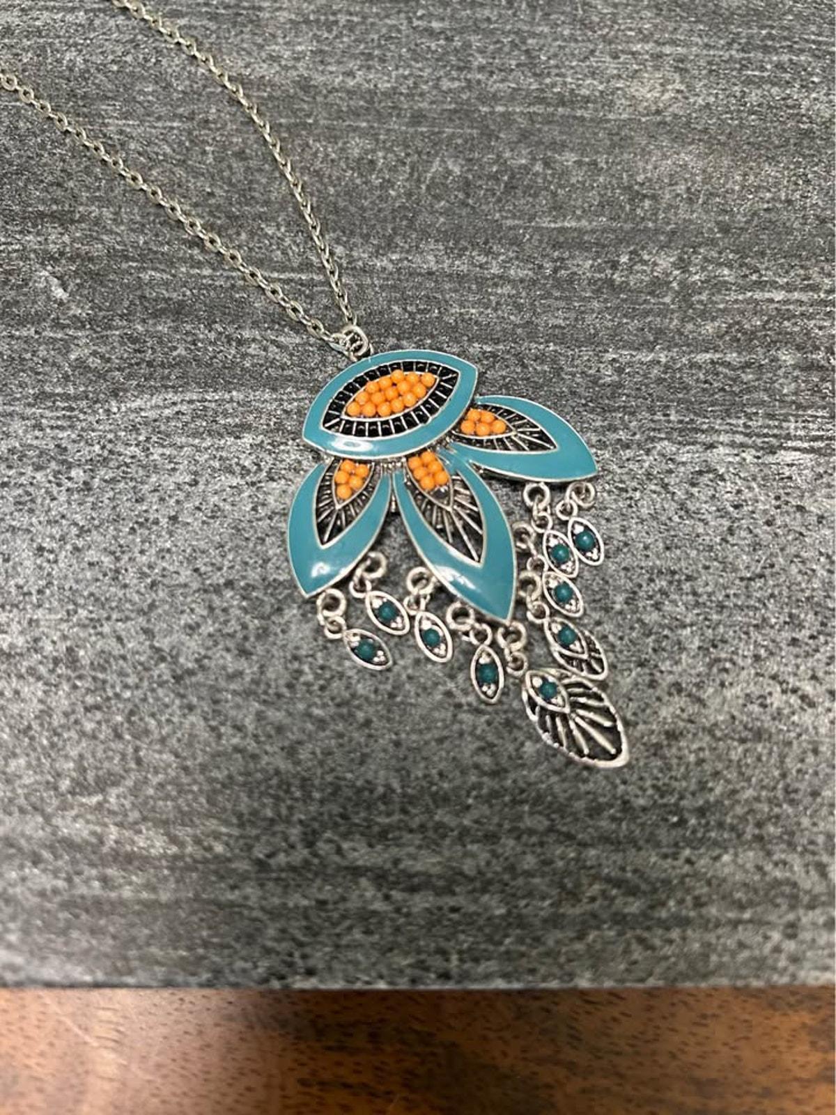 Boho Teal Enamel and Coral Seed Bead Chandelier Pendant Necklace