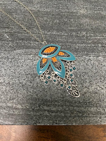 Boho Teal Enamel and Coral Seed Bead Chandelier Pendant Necklace