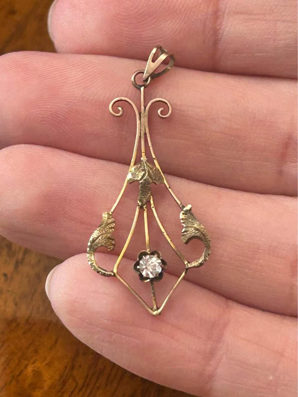 Antique Art Nouveau 10k Gold & Diamond Foliate Lavaliere Pendant