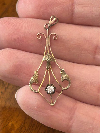 Antique Art Nouveau 10k Gold & Diamond Foliate Lavaliere Pendant