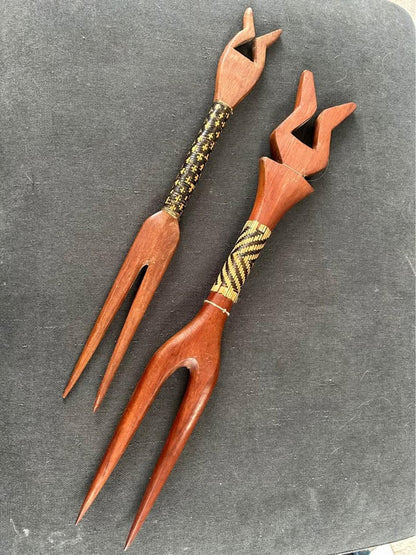 Vintage Fijian Cannibal Forks – Vesi Wood & Magimagi Weaving, Tribal Art