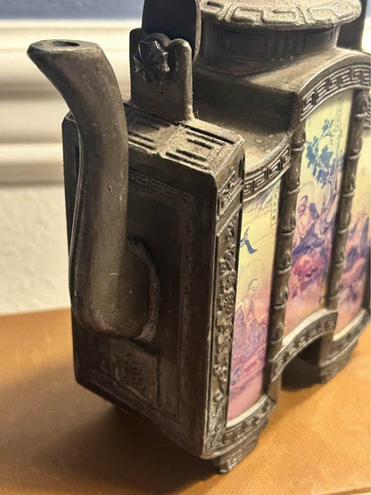 Vintage Chinese Pewter Teapot with Reverse Painted Glass Luohan Panels