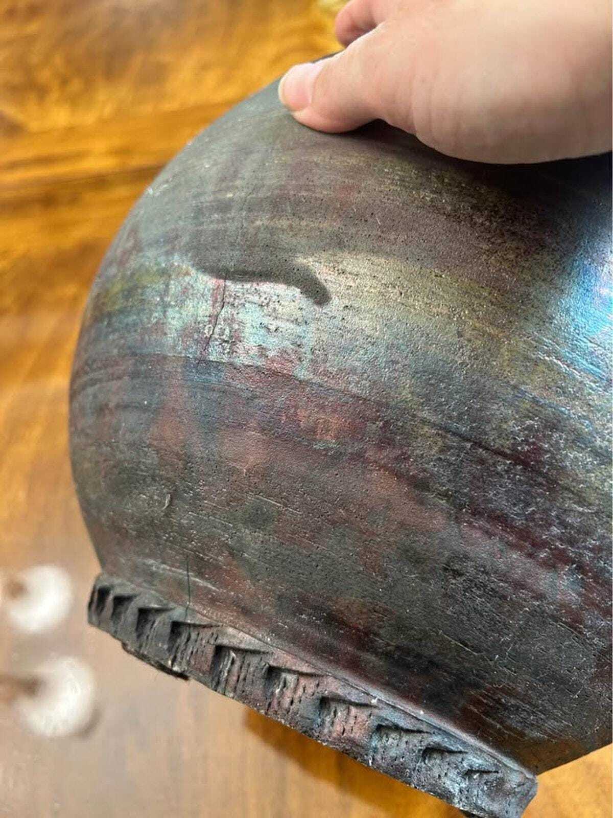 Vintage Large Signed Pam Carson Raku Pottery Metallic Glaze Vessel