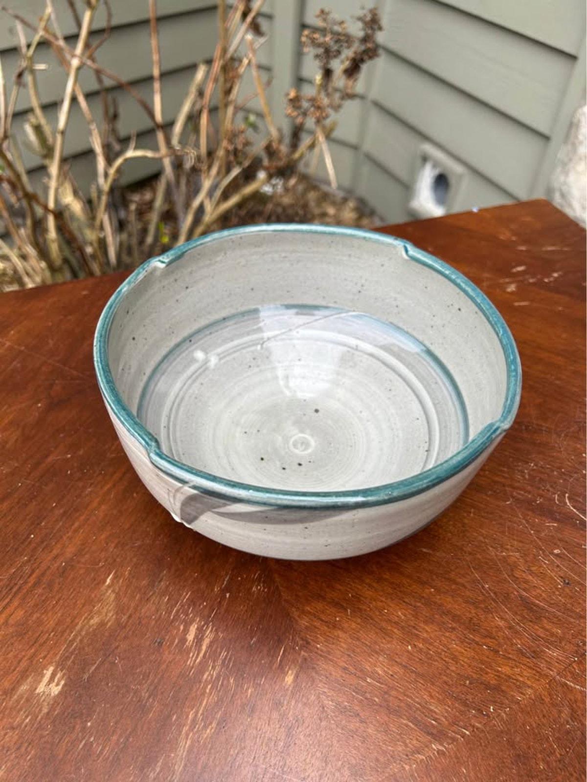 Vintage Signed Studio Pottery Serving Bowl | Hand-Painted Hakeme Brushwork | 8-Inch Notched Stoneware