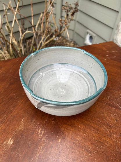 Vintage Signed Studio Pottery Serving Bowl | Hand-Painted Hakeme Brushwork | 8-Inch Notched Stoneware