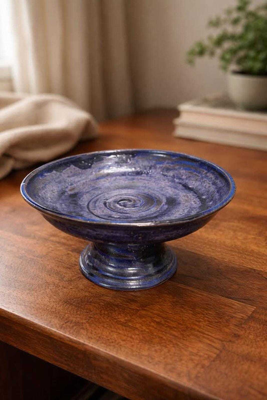 Cindy Briffis Studio Pottery Pedestal Bowl, Cobalt Blue Glaze, Brutalist MCM Decor