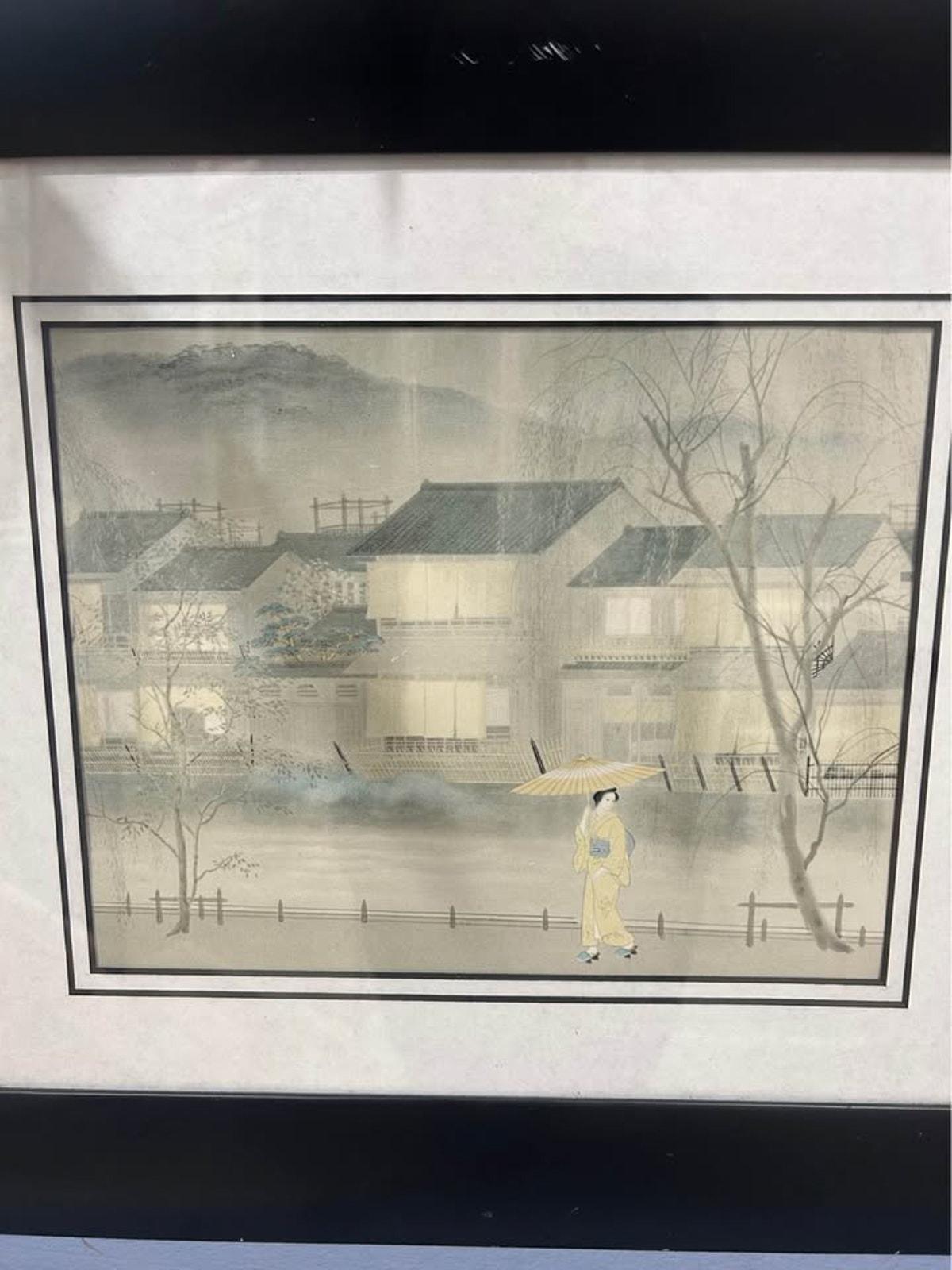 Vintage Japanese Woodblock Print - Geisha in Rain