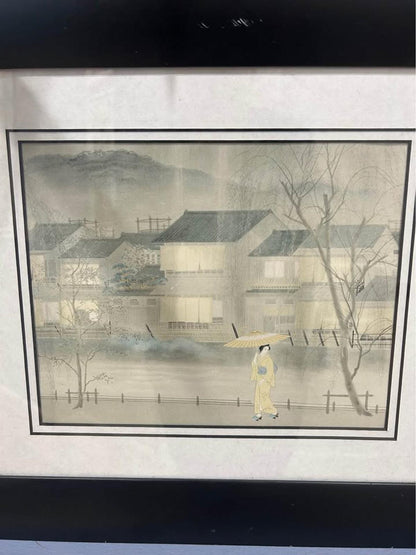 Vintage Japanese Woodblock Print - Geisha in Rain