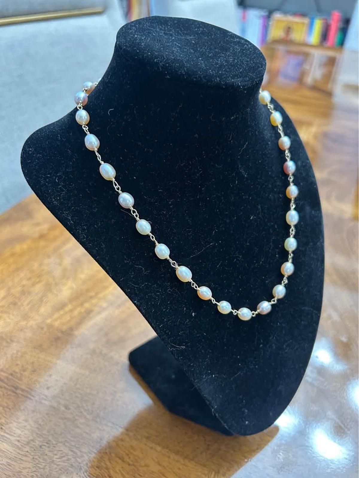 Vintage 14k Gold Wire Wrapped Freshwater Pearl Necklace, Pastel Baroque Pearls