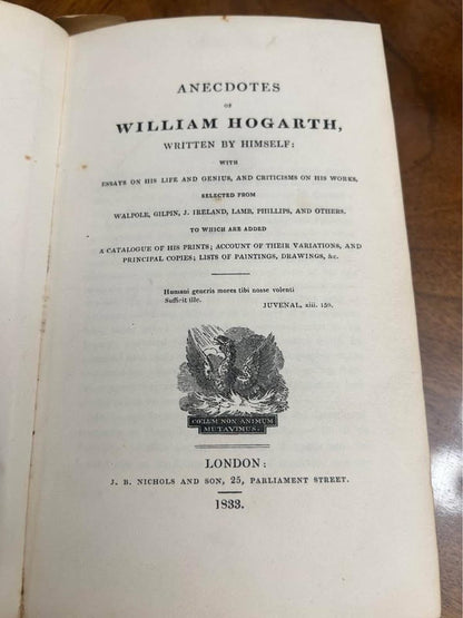 Antique 1833 Anecdotes of William Hogarth Book | J.B. Nichols | Half Leather Binding