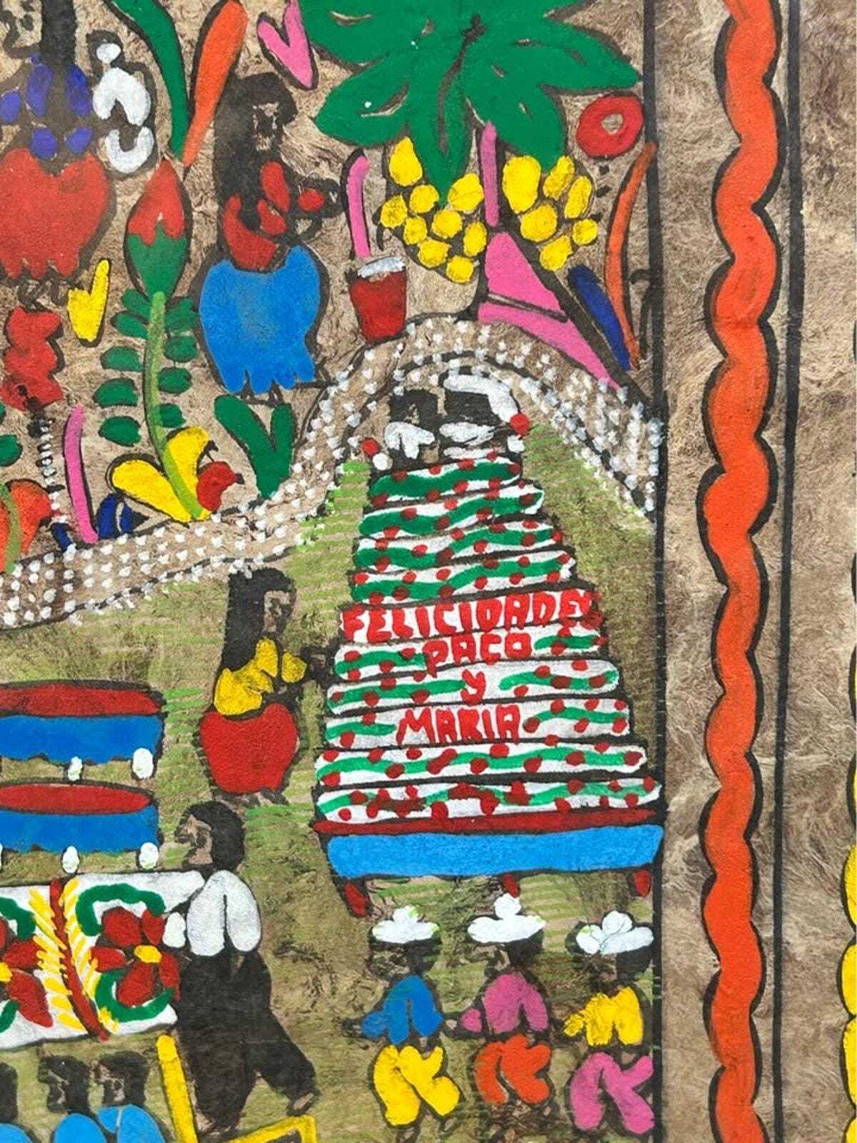 Vintage Mexican Amate Bark Painting – Nahua Folk Art Wedding Scene