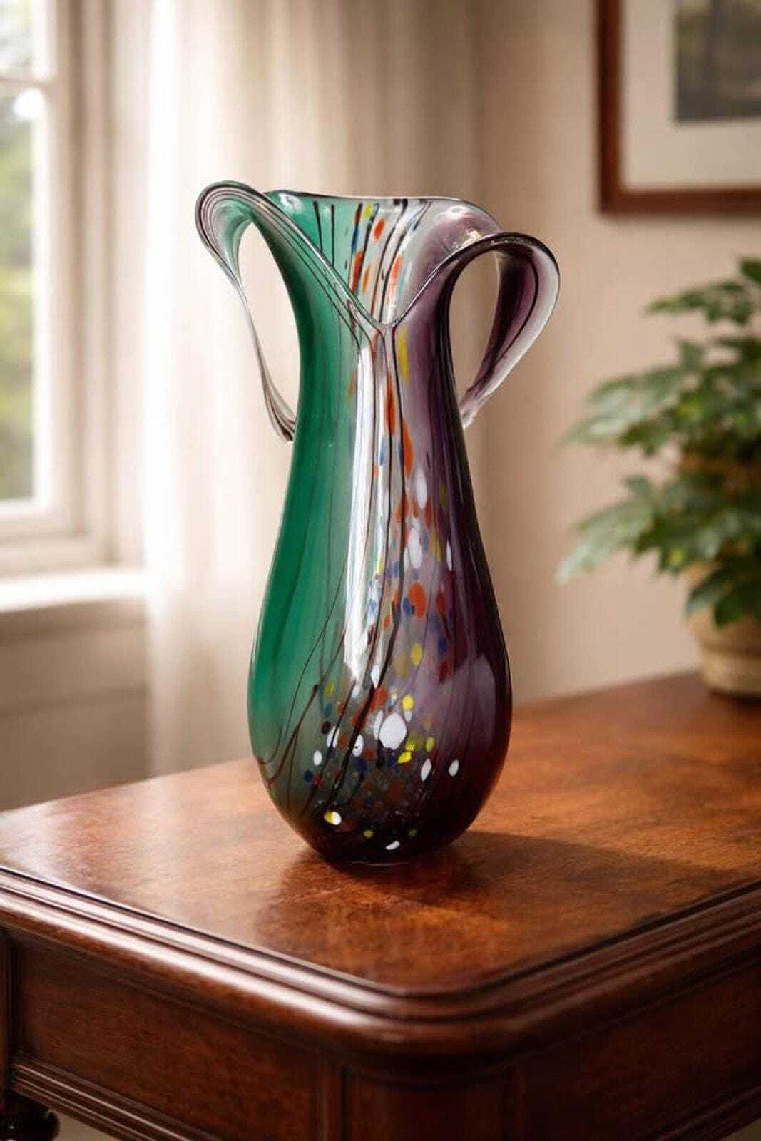 Mid-Century Art Glass Pitcher | Green & Amethyst Confetti, 11" Hand-Blown Vase