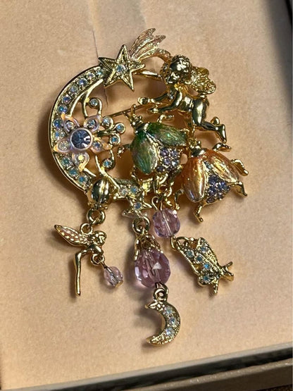 Kirks Folly Fairy Fire Flies Brooch, Vintage Crescent Moon and Cherub Pin, Original Box