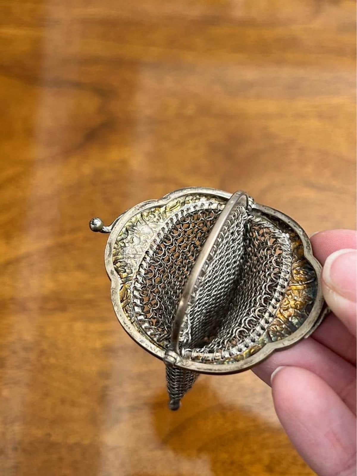 Antique Sterling Silver Chainmail Chatelaine Coin Purse With Repousse Frame