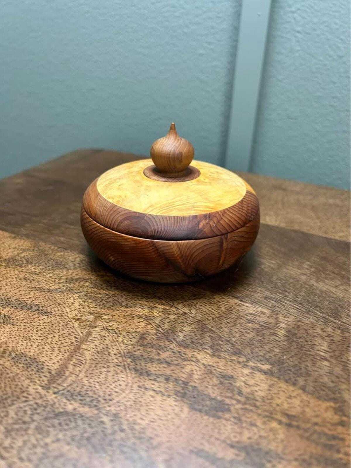 Studio-Signed "WK" Hand-Turned Burl and Cedar Lidded Vessel