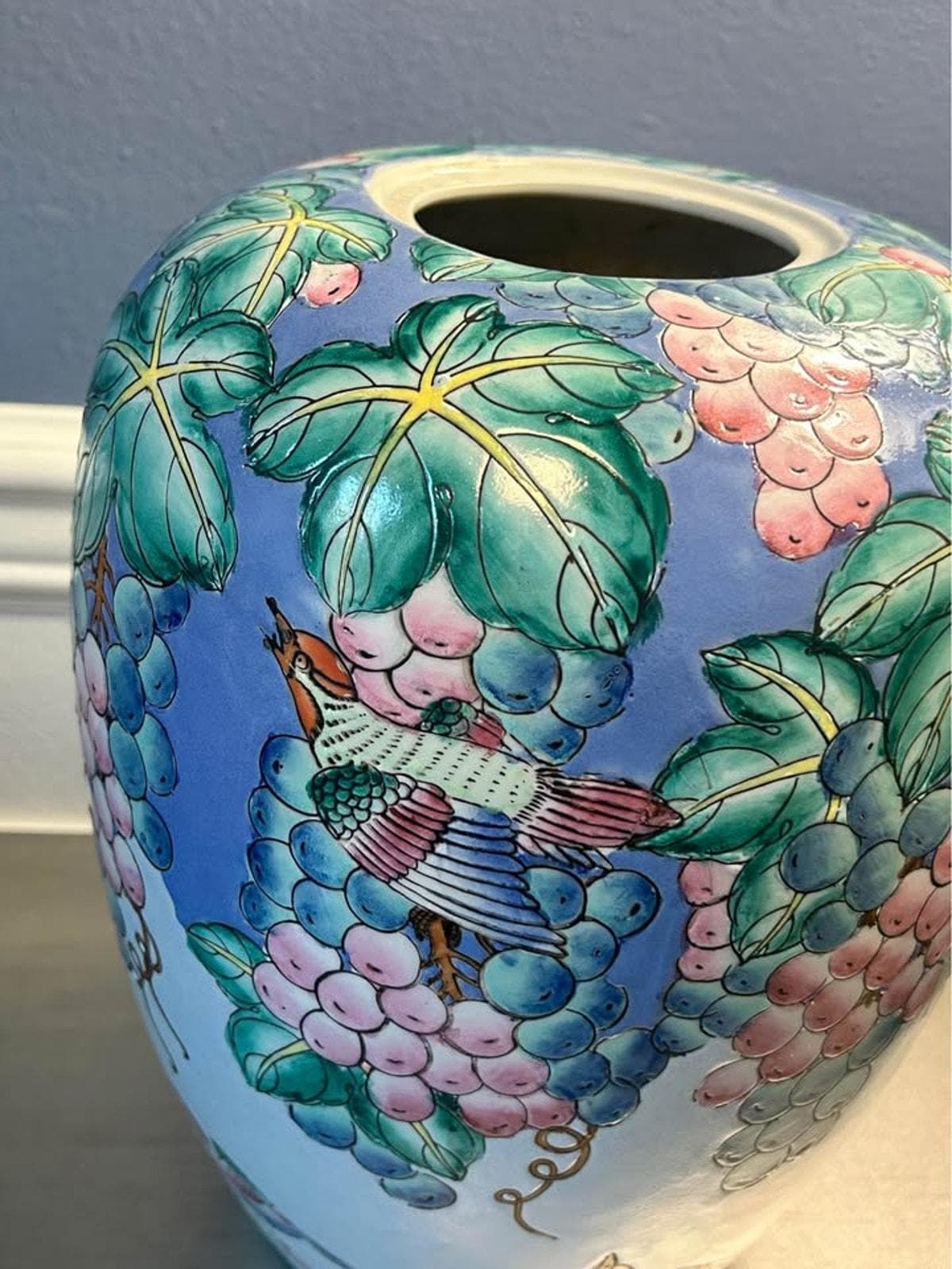 Large Vintage Chinese Raised Enamel Grape and Bird Vase