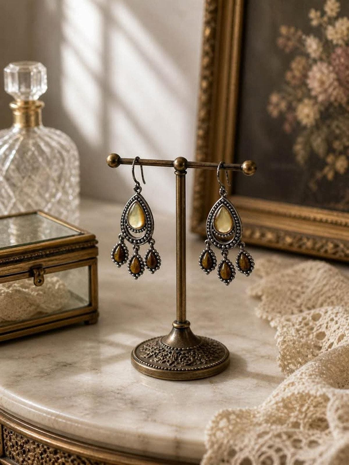 925A China Sterling Silver Chandelier Earrings with Mother of Pearl and Tiger's Eye