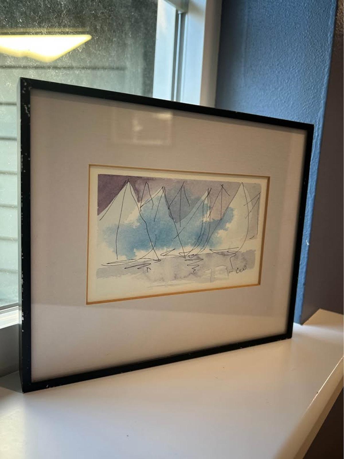 Original Mid-Century Minimalist Sailboat Watercolor – Signed "CW" – Nautical Modernist Art