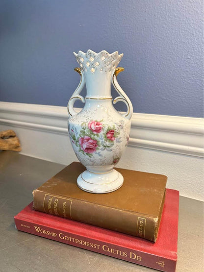 Vintage Norcrest Dresden Rose Vase - Pierced Rim & Gold Accents