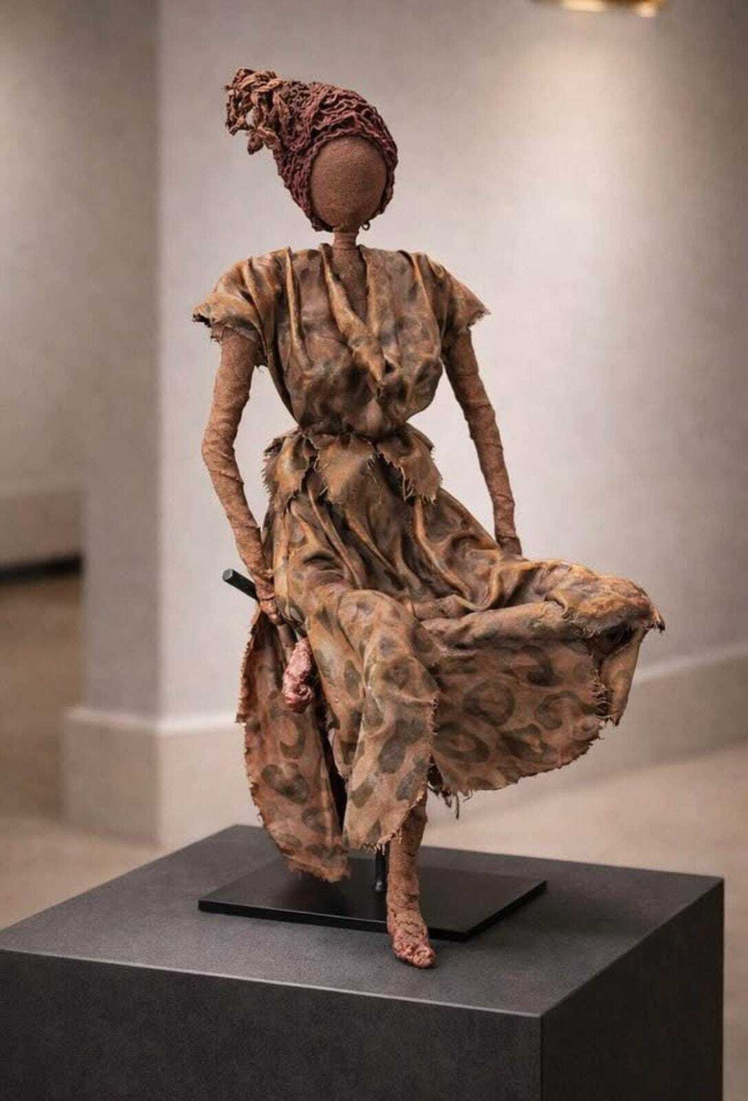 Seated Figure in Leopard Print - 15" Paverpol Textile Sculpture