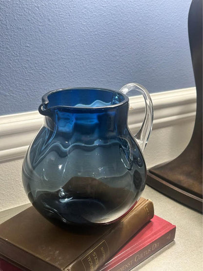 Mid-Century Hand-Blown Blue Art Glass Pitcher | Optic Ribbed Bulbous Jug with Clear Applied Handle