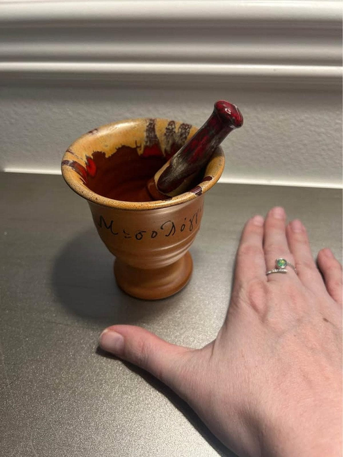 Vintage Handmade Greek Ceramic Mortar and Pestle | Signed Missolonghi Terracotta | Hellenic Folk Art Kitchenware