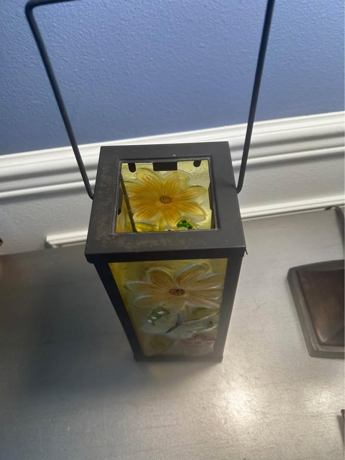 Hand-Painted Floral Textured Glass Lantern with Metal Frame