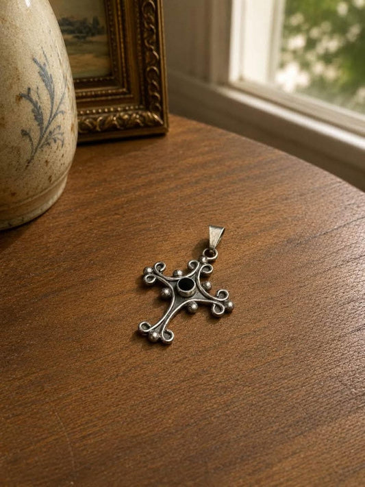 Vintage Sterling Silver Scrollwork Cross Pendant Black Cabochon Gothic Revival Artisan