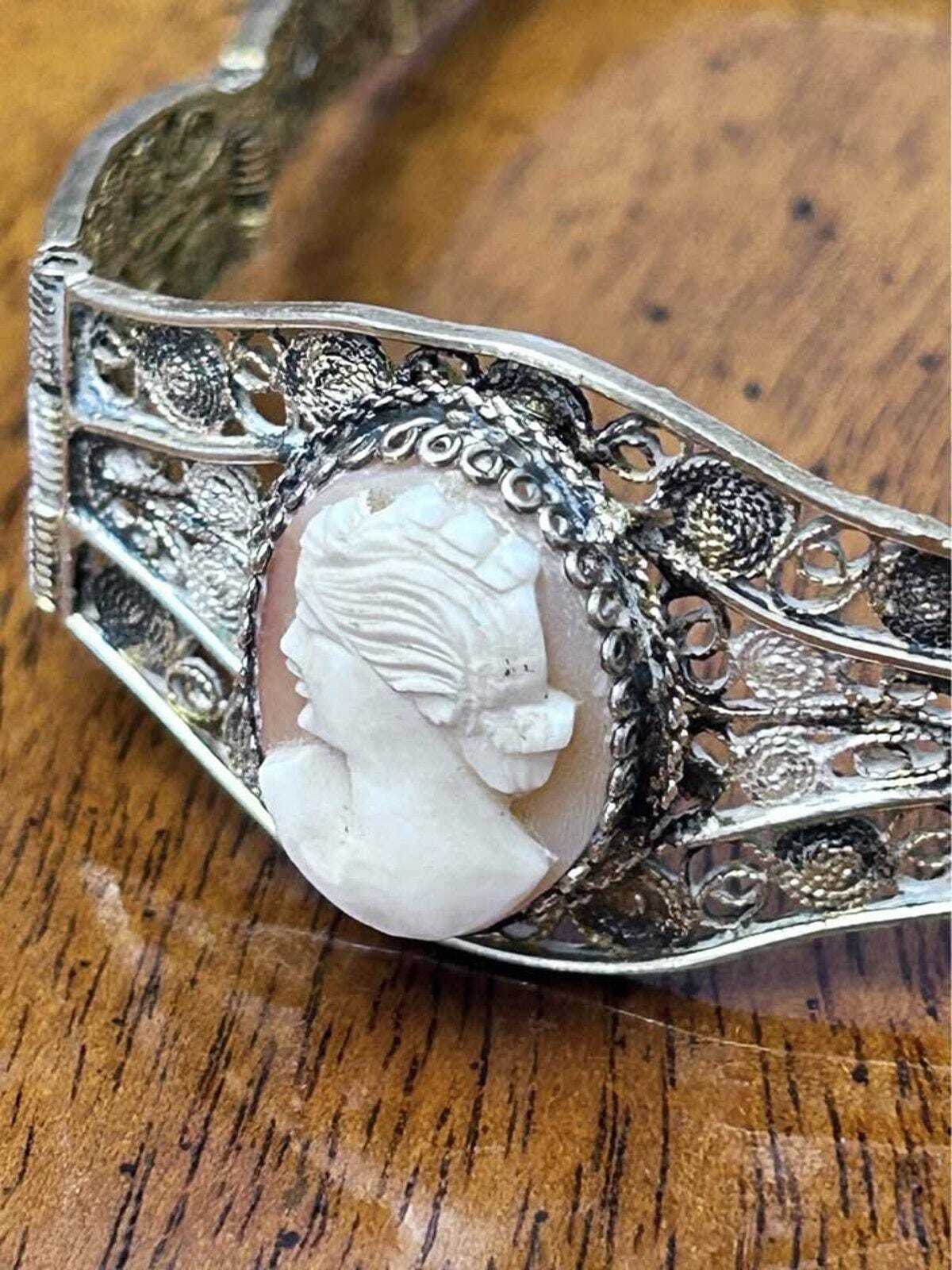 Antique Art Deco 800 Silver Filigree Hand Carved Shell Cameo Panel Bracelet