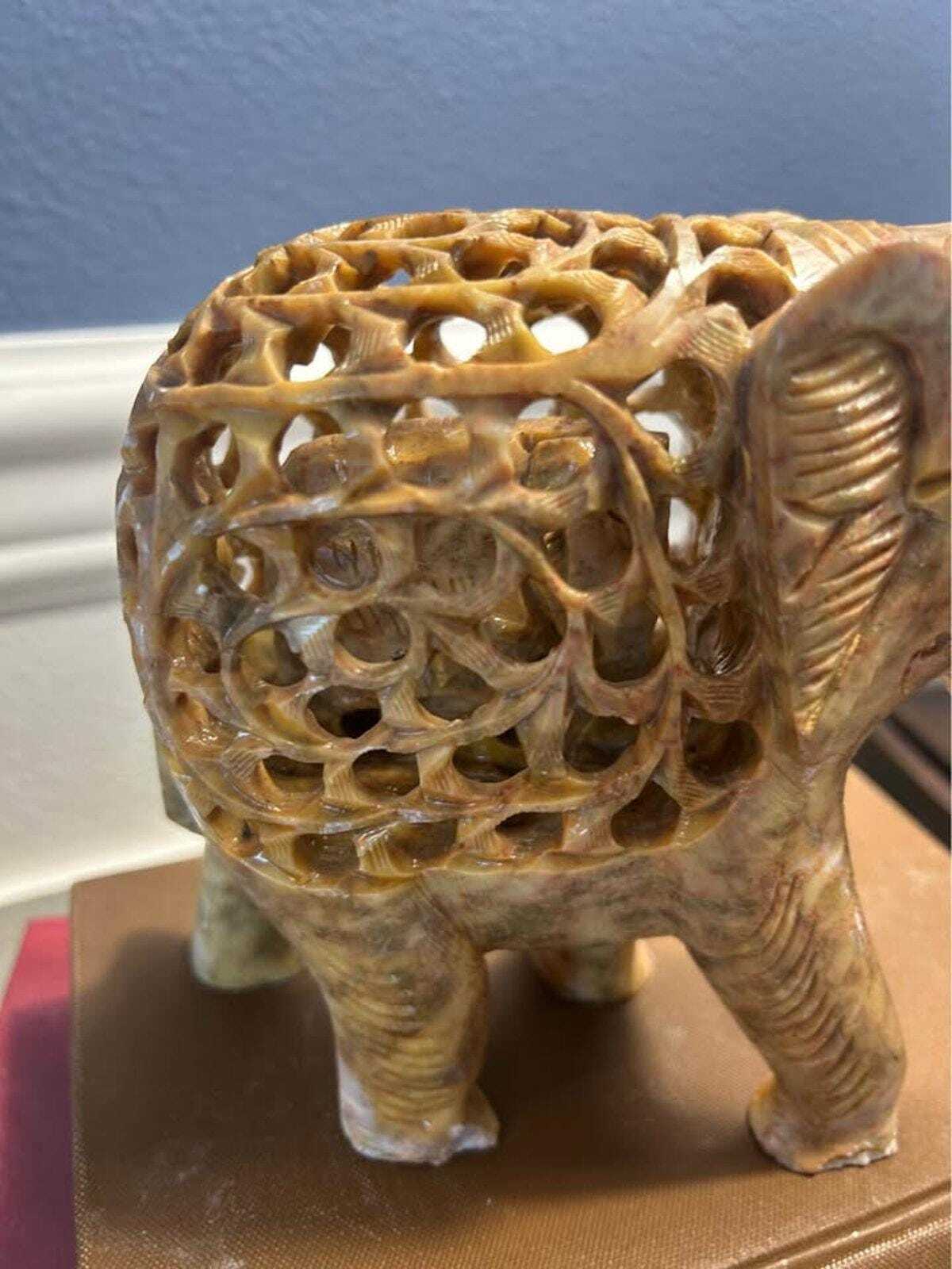 Vintage Hand-Carved Jali Soapstone Elephant Sculpture with Inner Baby Elephant